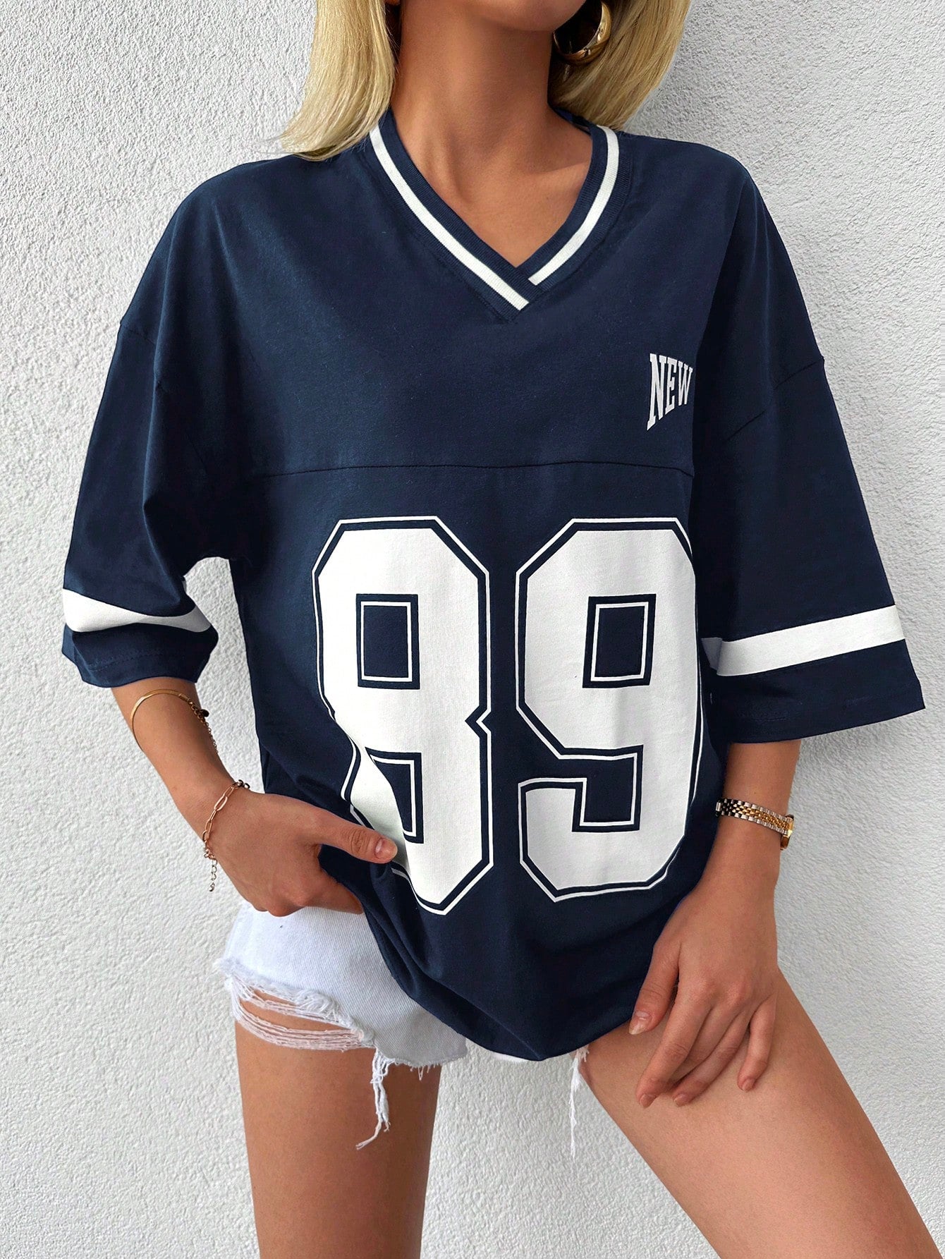 Tirza - Oversized V-Neck Varsity Sport Shirt