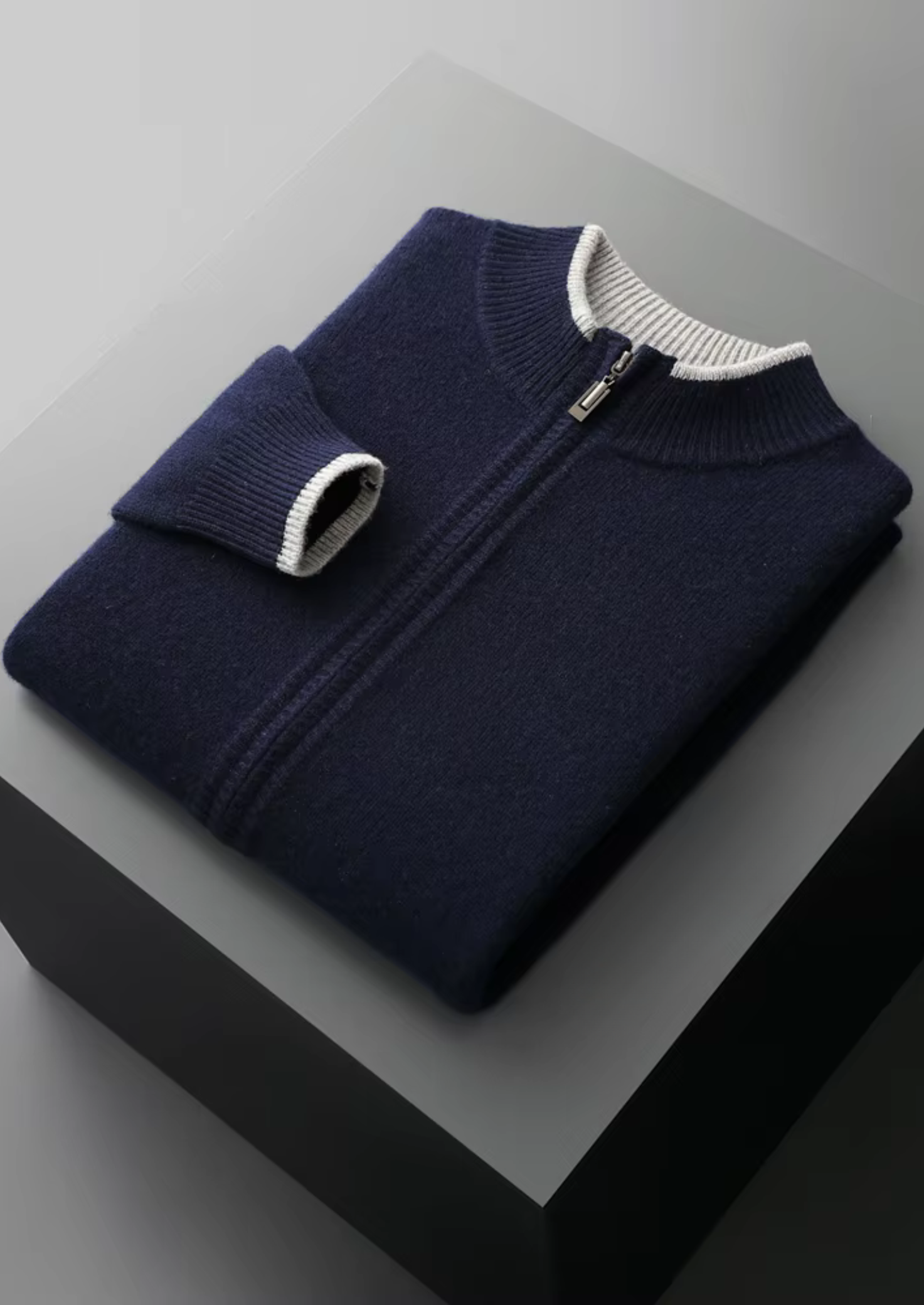 Premium Extra-Fine Merino Wool Two-Tone Zip Cardigan