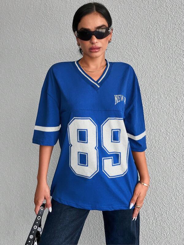 Tirza - Oversized V-Neck Varsity Sport Shirt