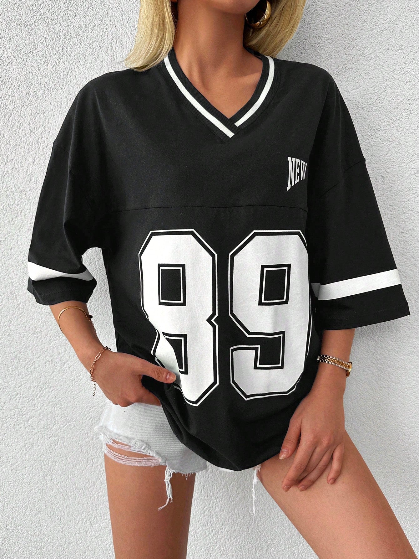 Tirza - Oversized V-Neck Varsity Sport Shirt