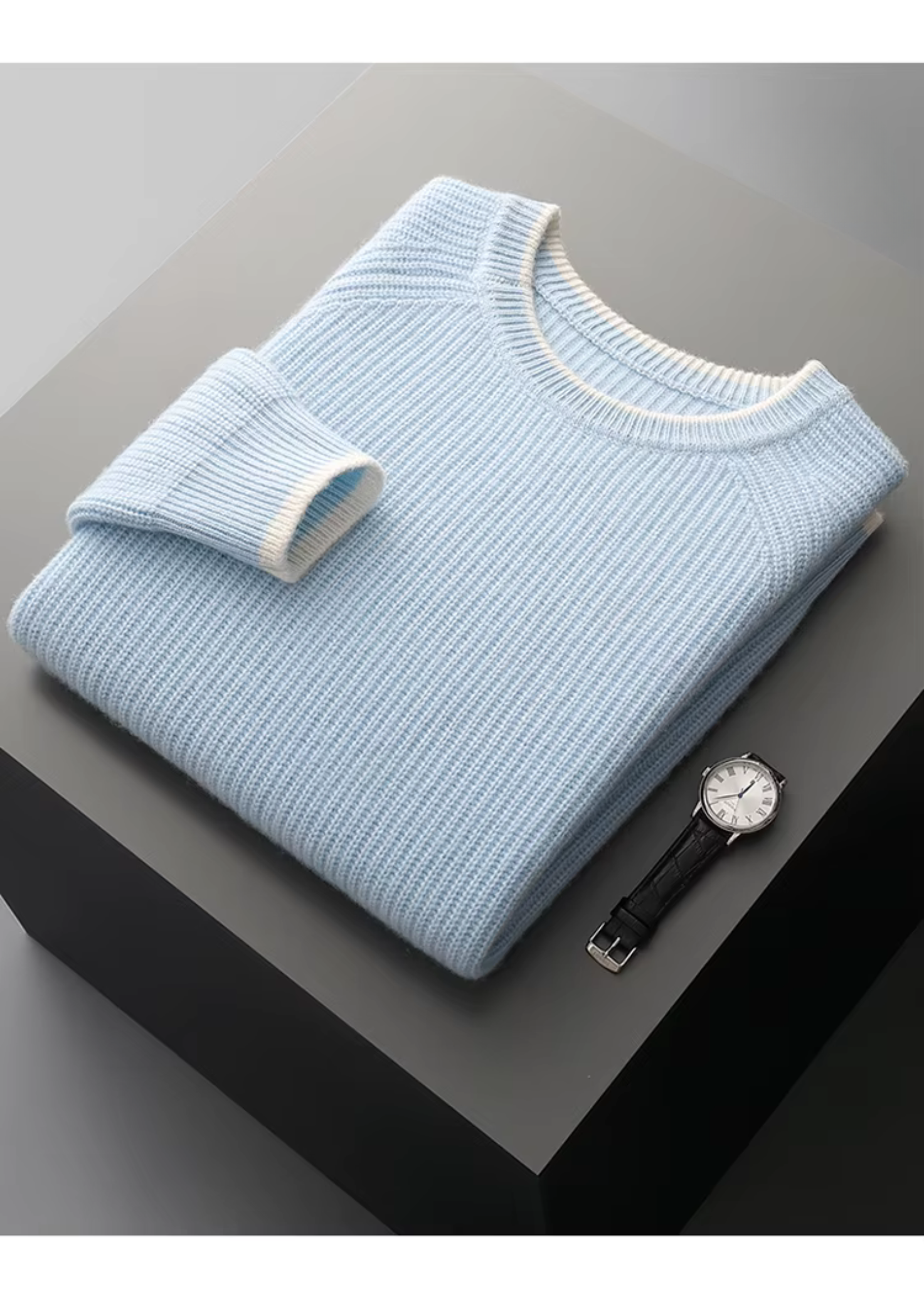 Premium Extra-Fine Merino Wool Two-Tone Crew Neck Sweater