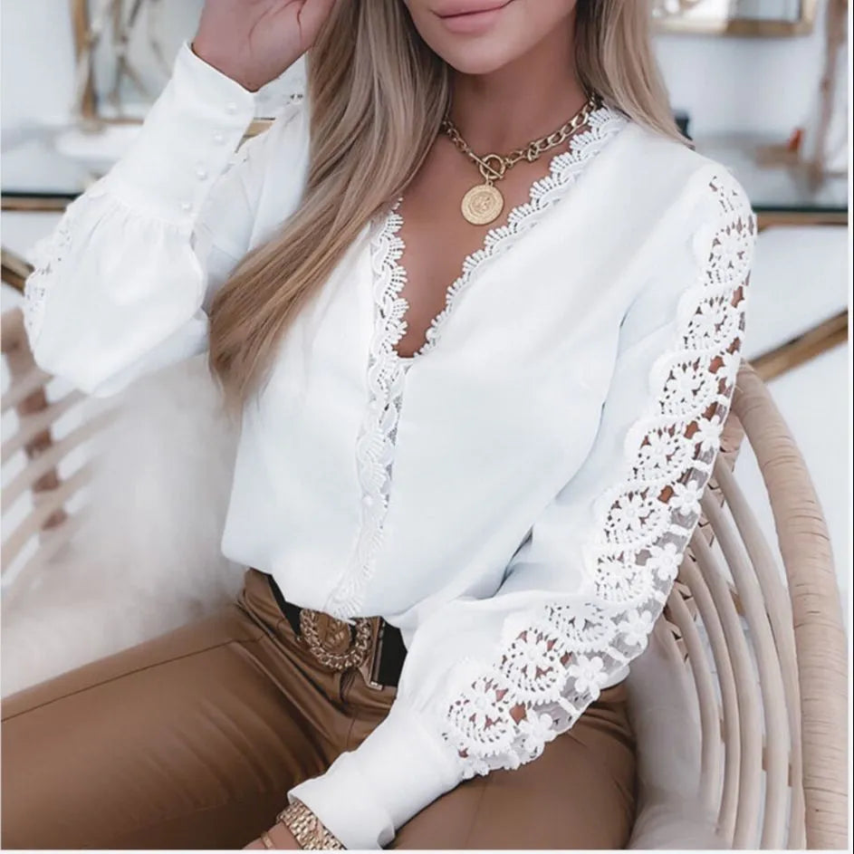 Davina - V-Neck Top with Lace Accents