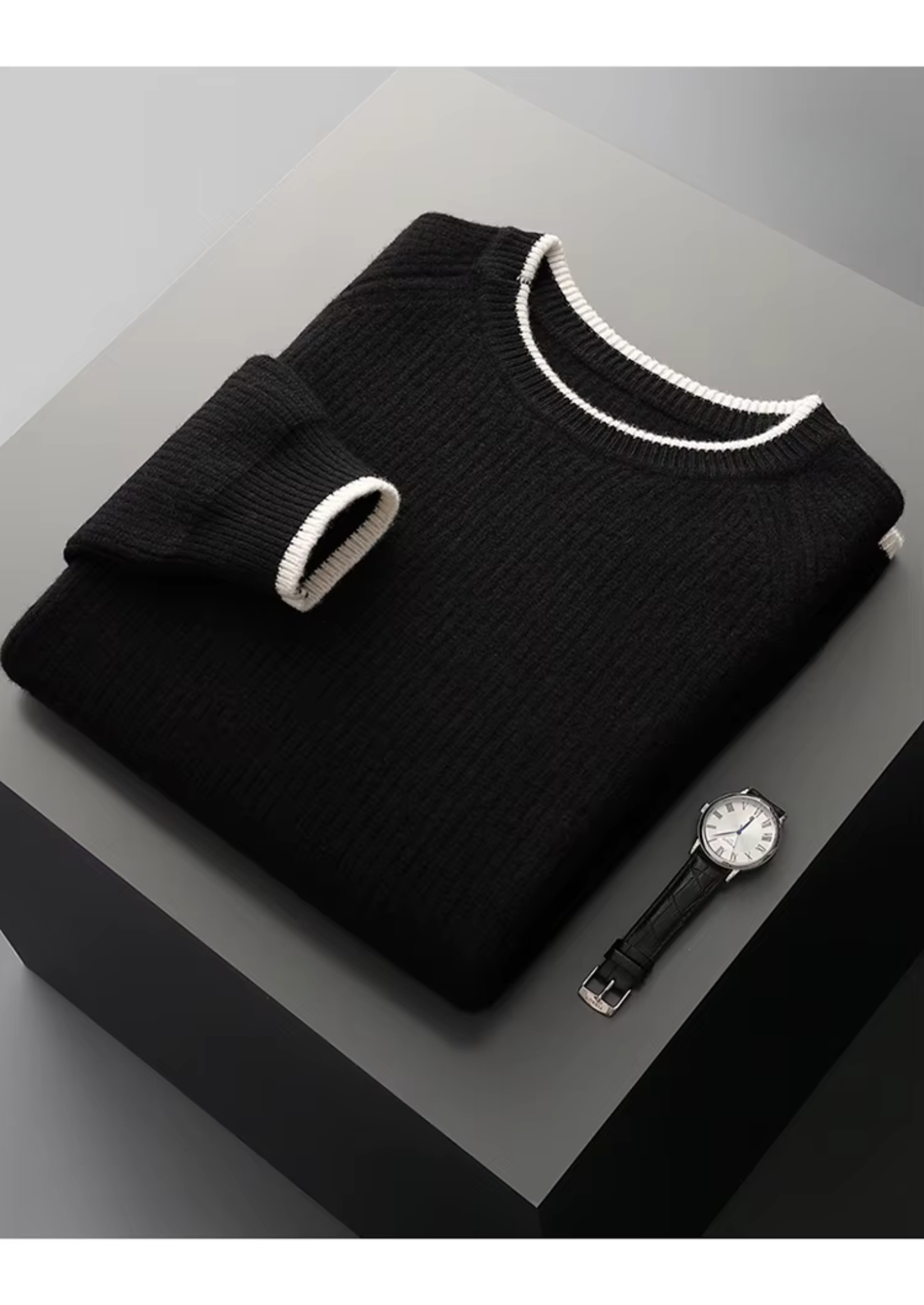 Premium Extra-Fine Merino Wool Two-Tone Crew Neck Sweater