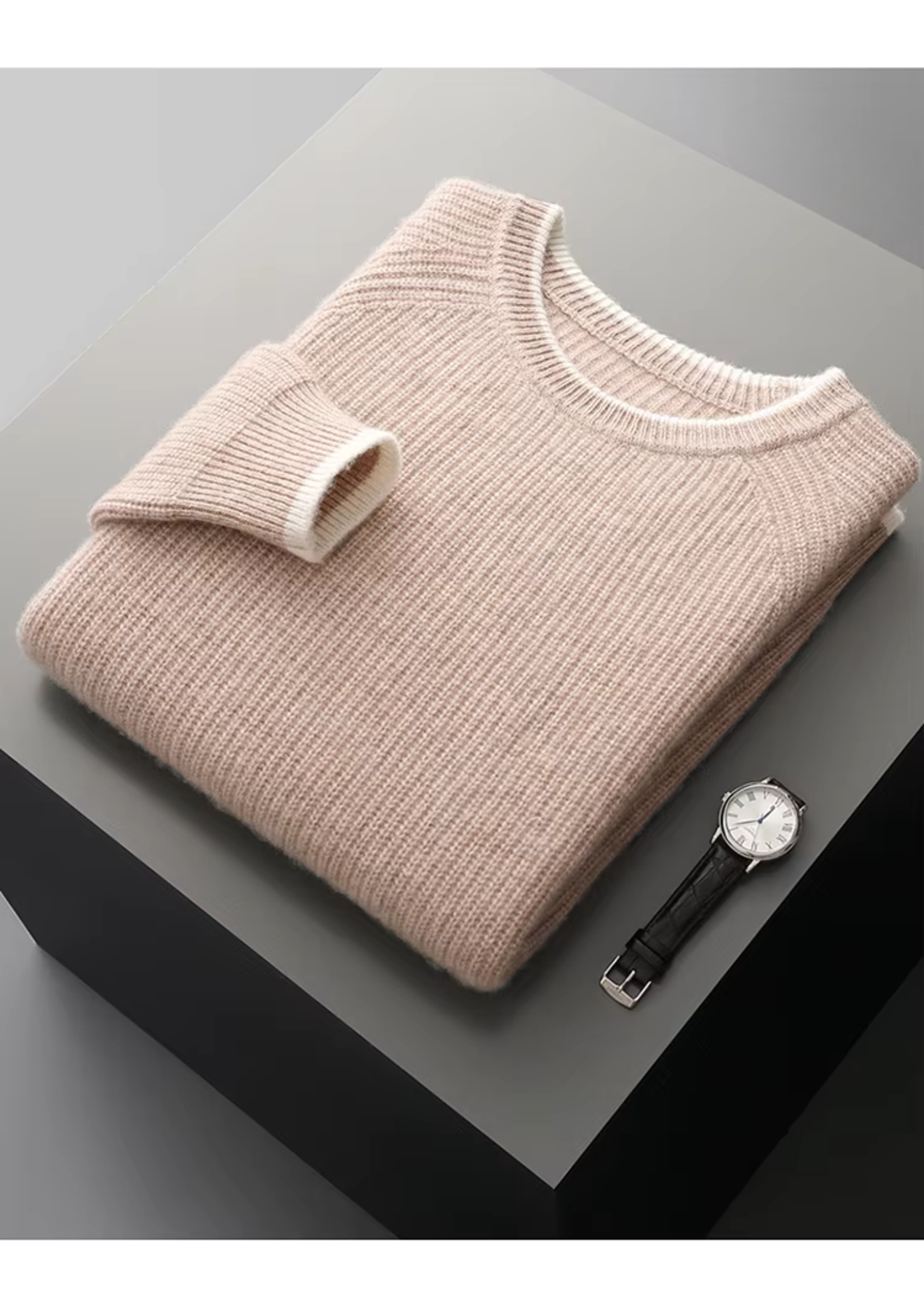 Premium Extra-Fine Merino Wool Two-Tone Crew Neck Sweater