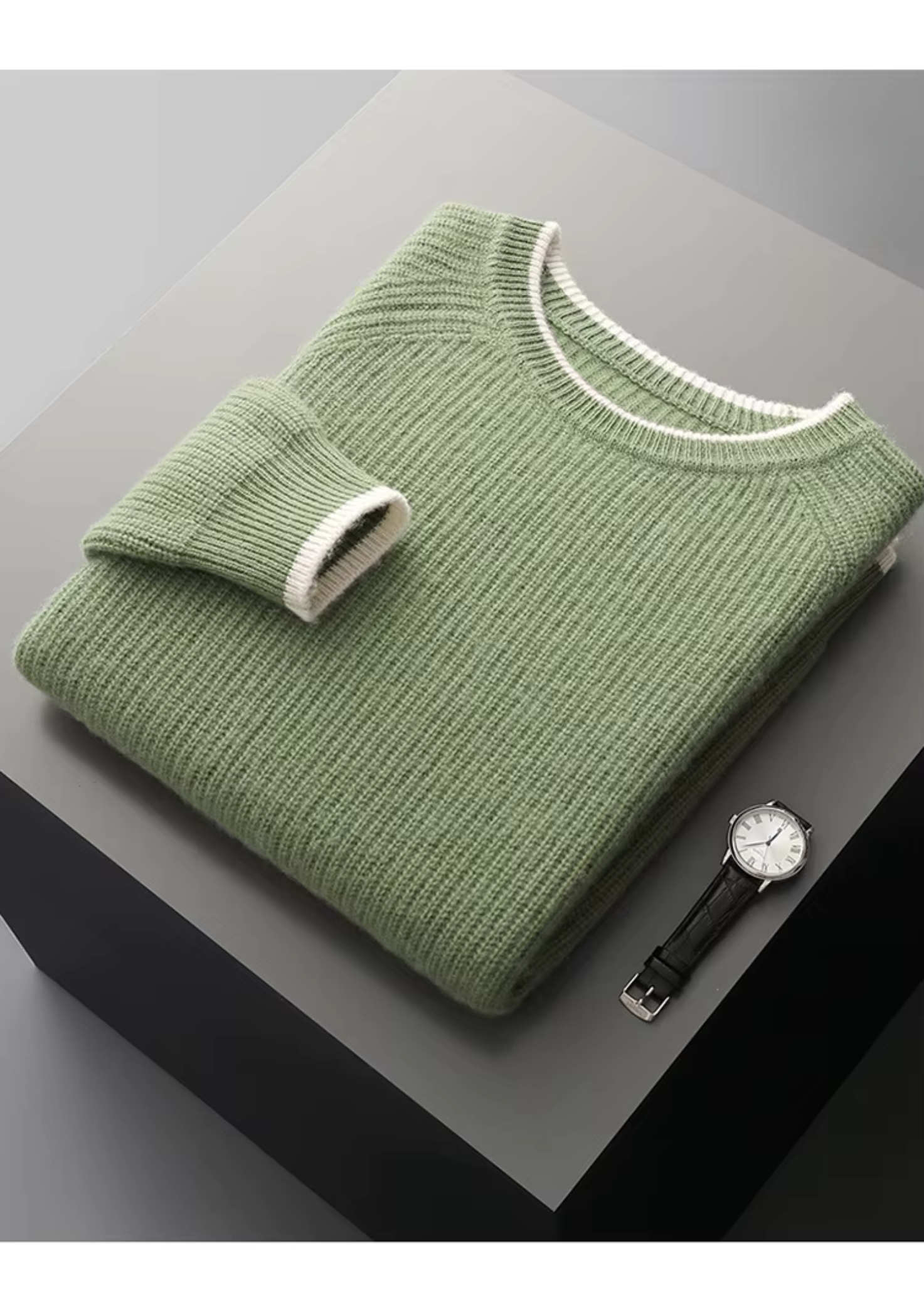 Premium Extra-Fine Merino Wool Two-Tone Crew Neck Sweater