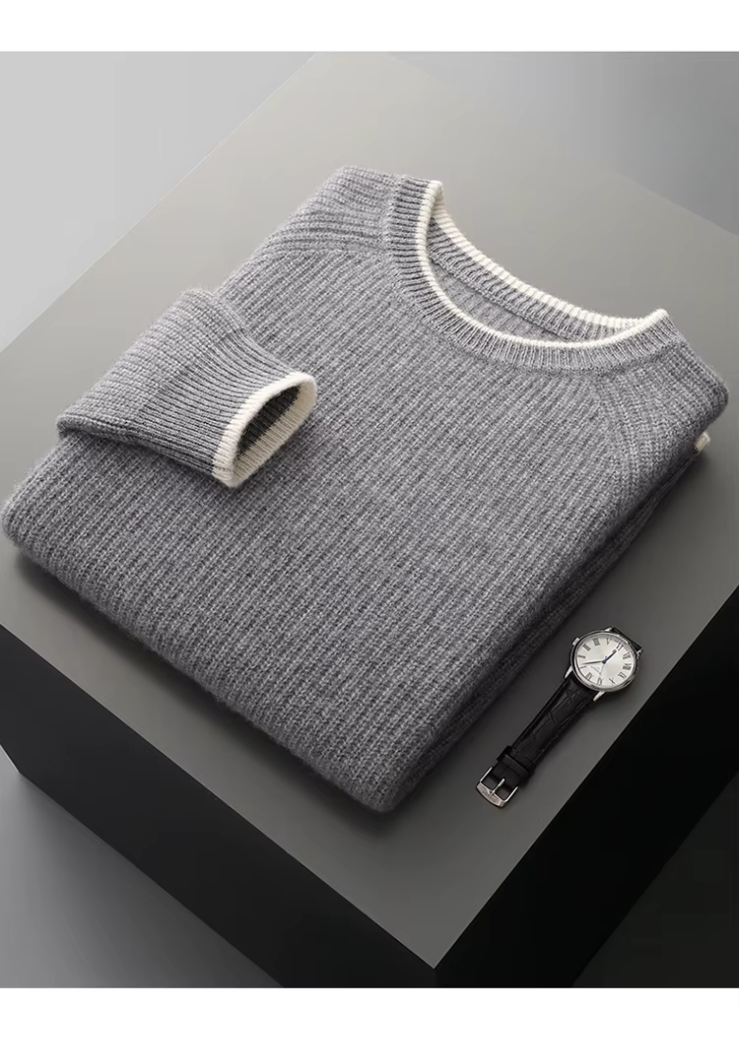 Premium Extra-Fine Merino Wool Two-Tone Crew Neck Sweater