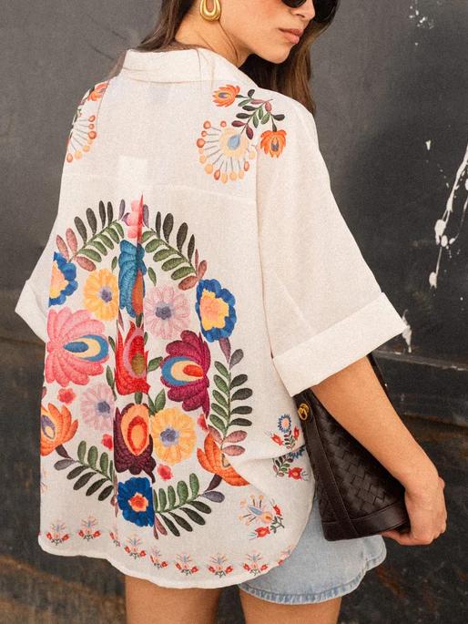 Summer Short Sleeve Floral Print Blouse for Women - White