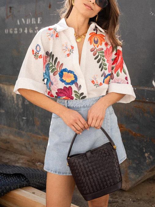 Summer Short Sleeve Floral Print Blouse for Women - White