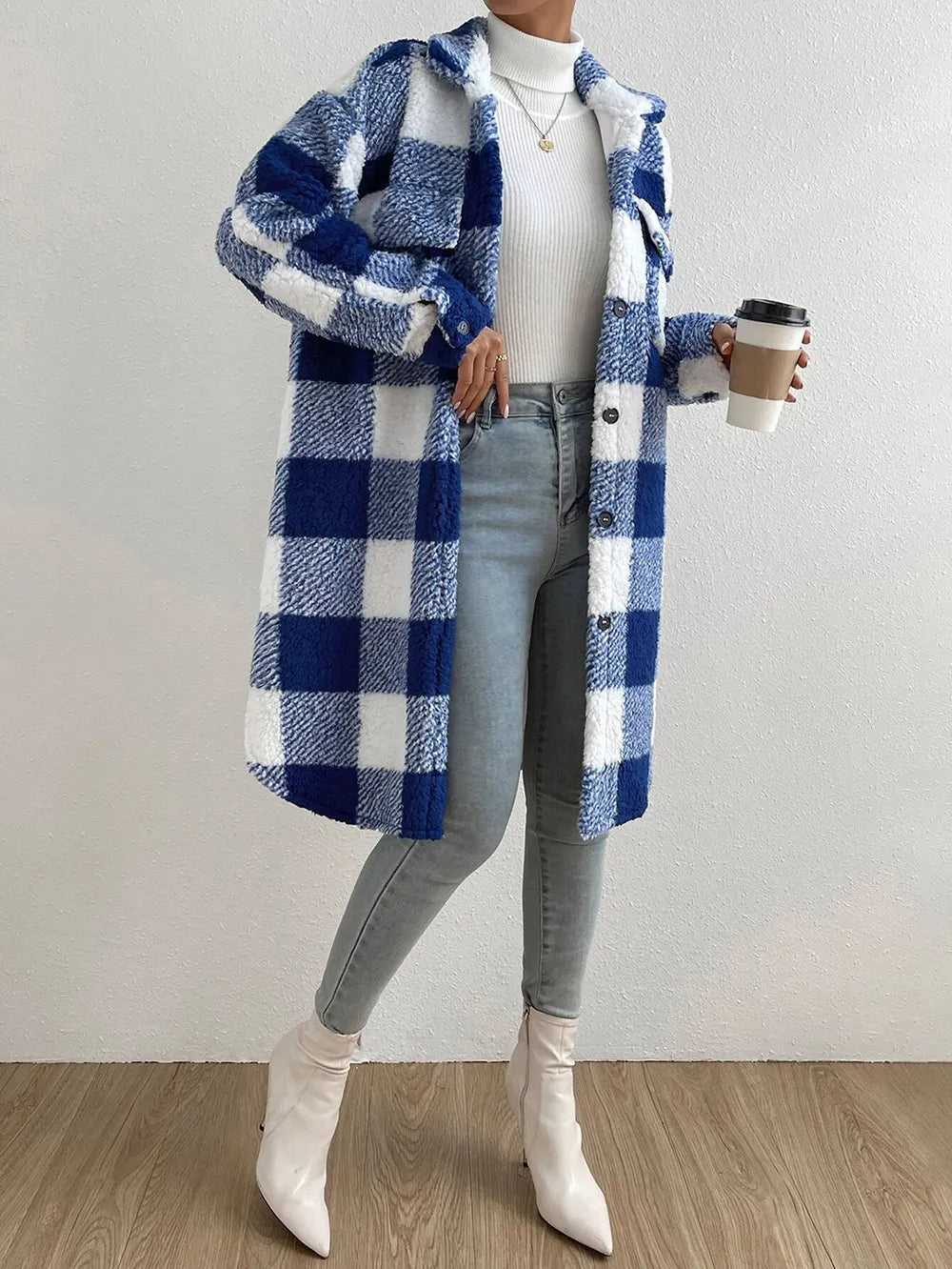 Winter-Ready Checked Midi Teddy Coat for Women with Buttons and Pockets