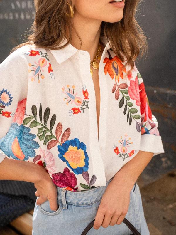 Summer Short Sleeve Floral Print Blouse for Women - White