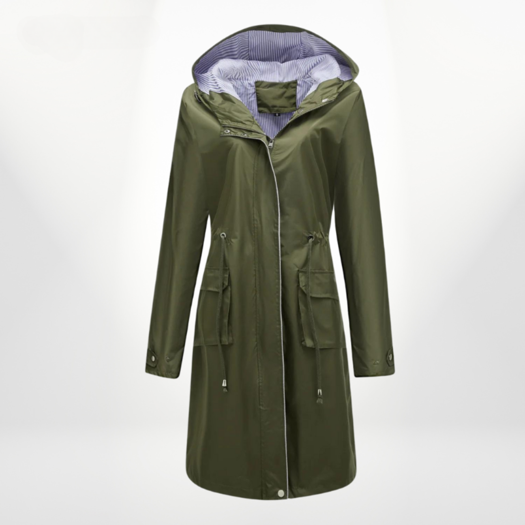 Women's Hooded Waterproof Midi Raincoat with Adjustable Waist Cord