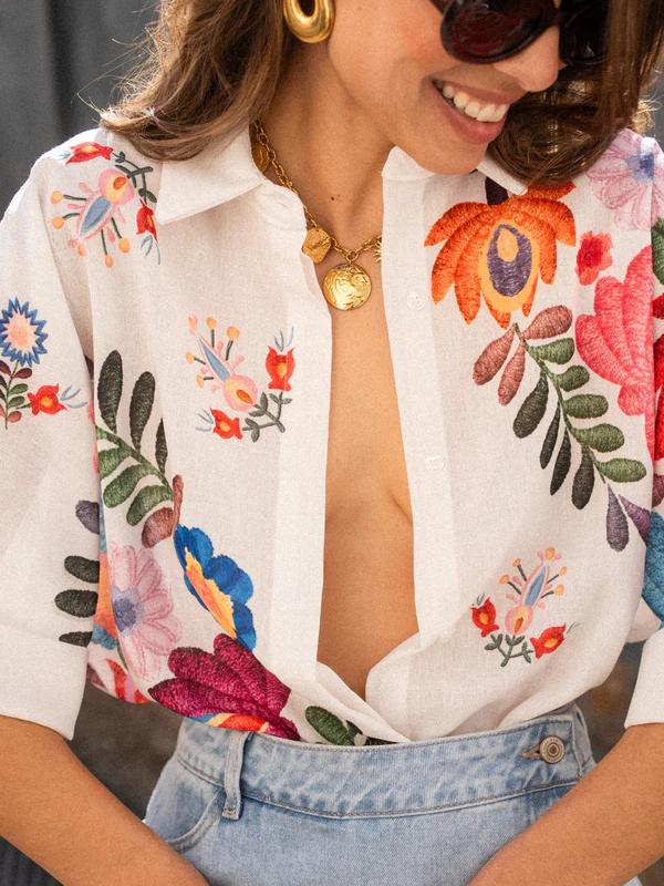 Summer Short Sleeve Floral Print Blouse for Women - White