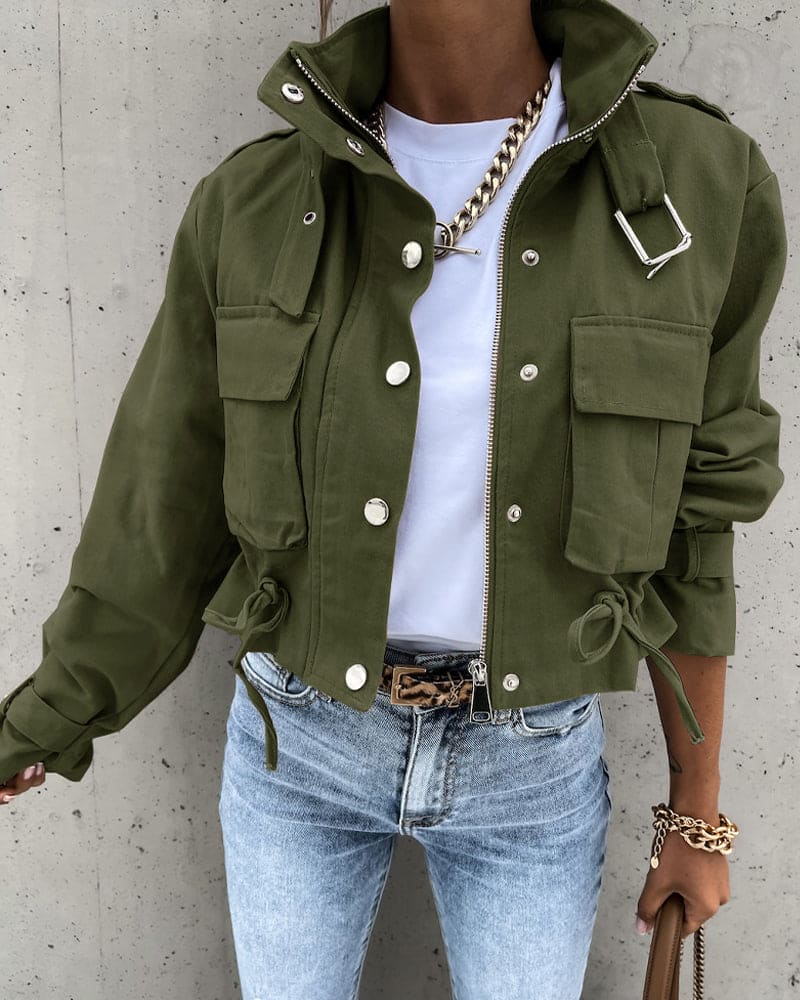 Womens Cropped Bomber Jacket with Pockets, Drawstring, and High Collar