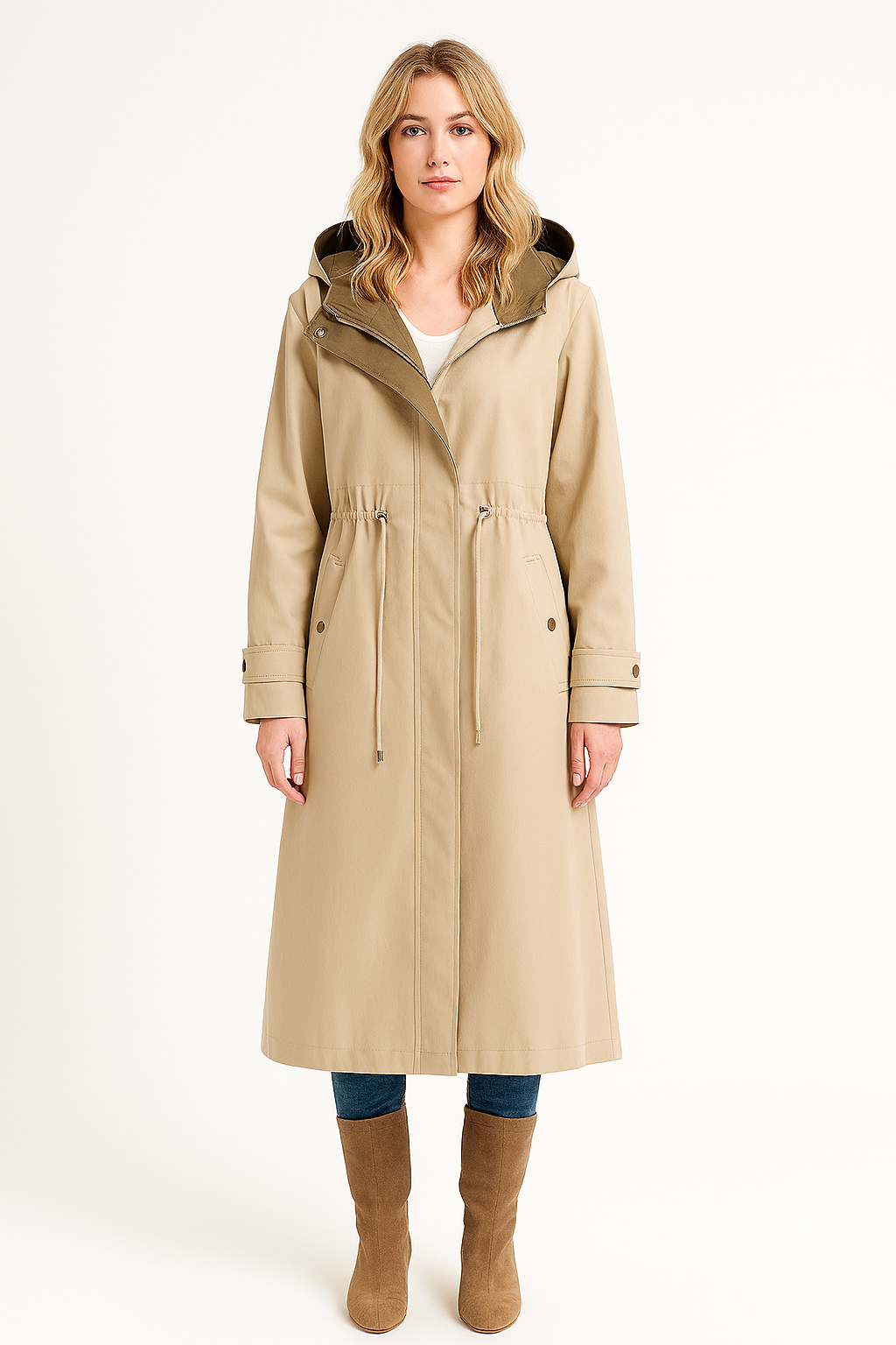 Women's Waterproof Hooded Trench Coat with Adjustable Waist Drawstring