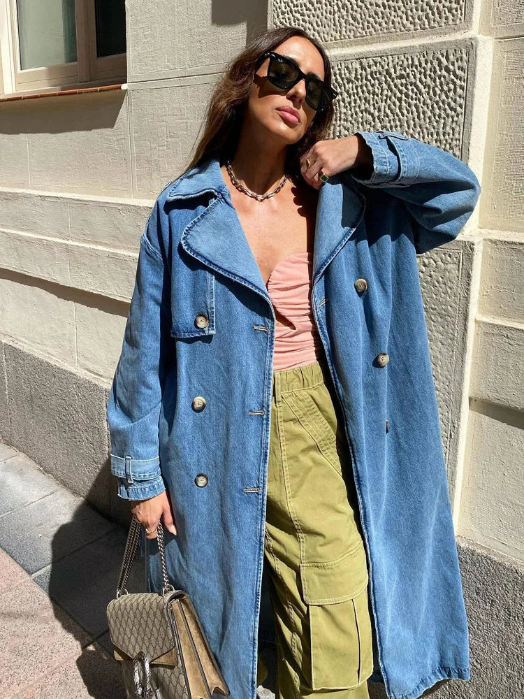 Women's Oversized Double-Breasted Denim Trench Coat with Belt