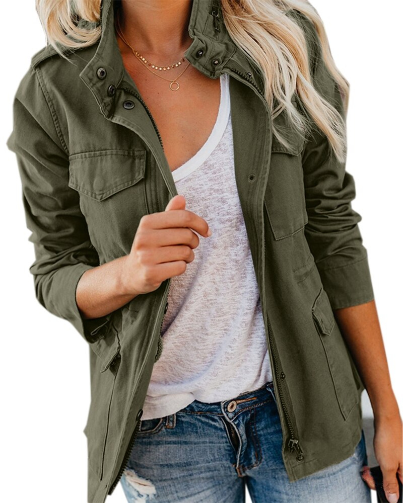 Women's Zip-Up Utility Pocket Mid-Length Jacket
