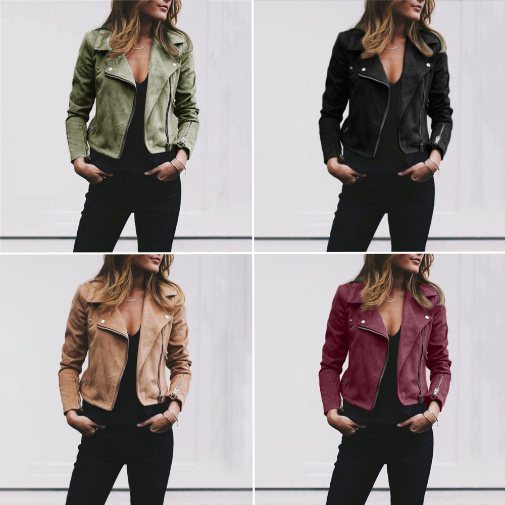 Women's Suede-Look Biker Jacket with Zipper