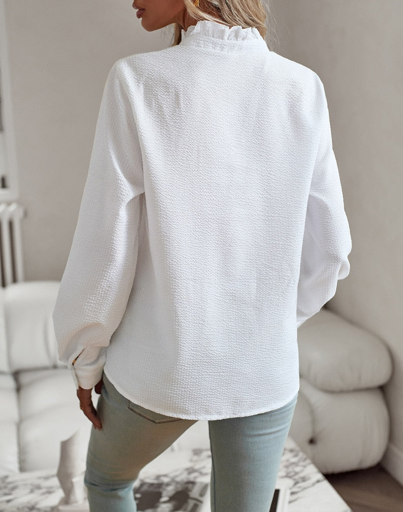Jamie - Ruffled Blouse with Stand-Up Collar