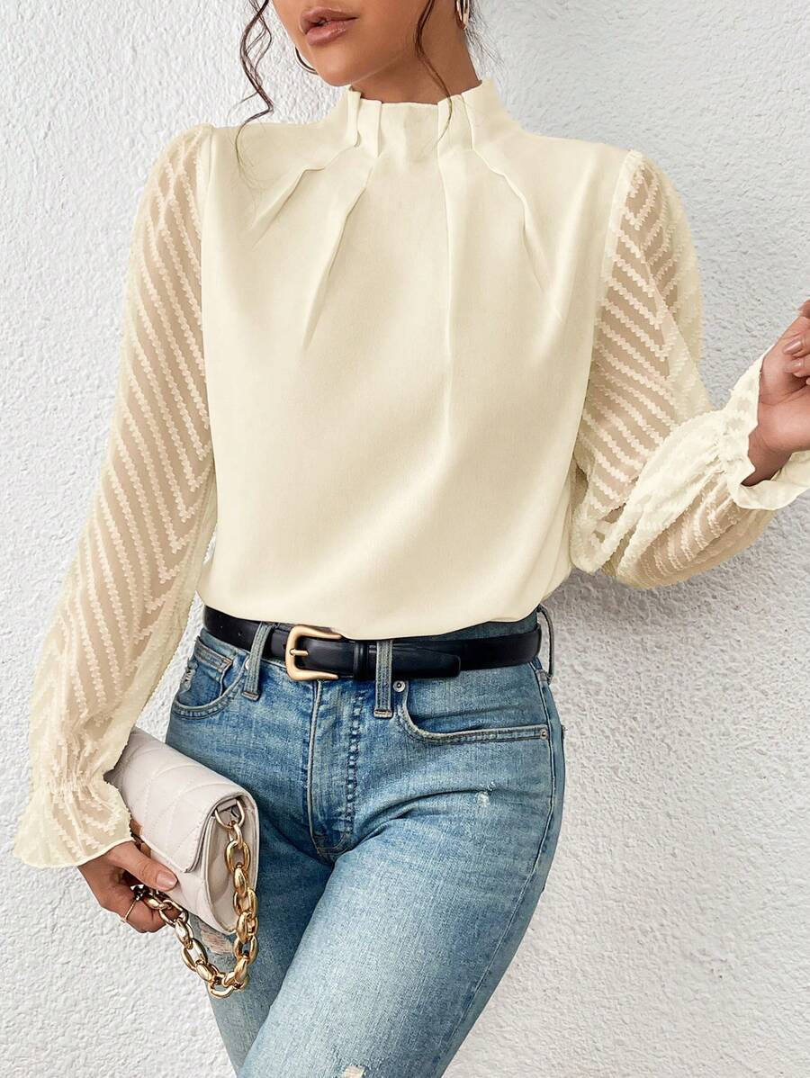 Women's Blouse with Sheer Sleeves and Pleated Neckline