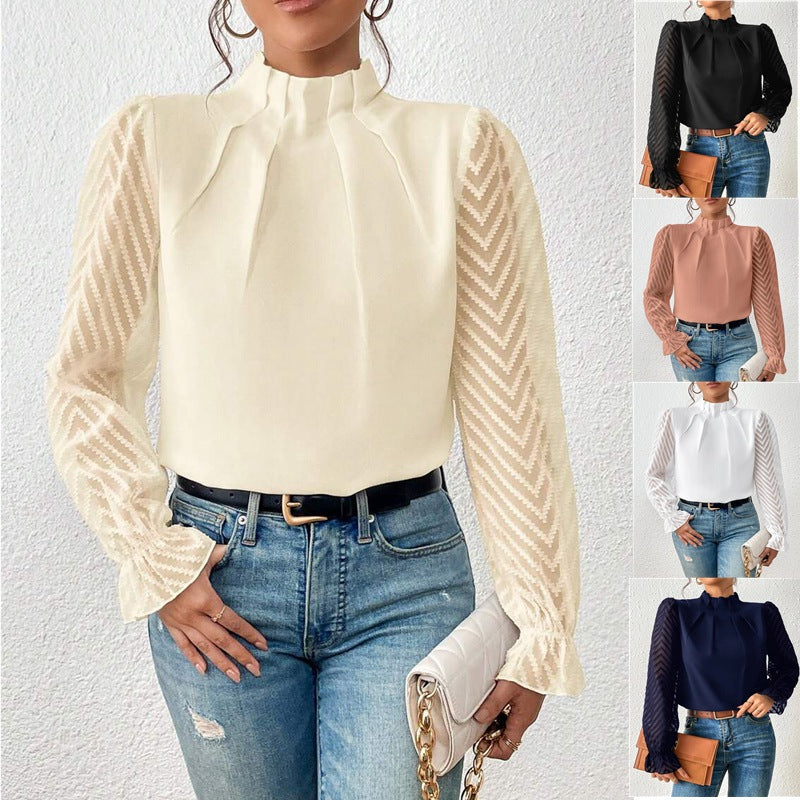Women's Blouse with Sheer Sleeves and Pleated Neckline