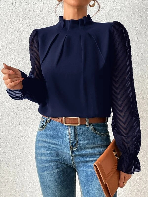 Women's Blouse with Sheer Sleeves and Pleated Neckline
