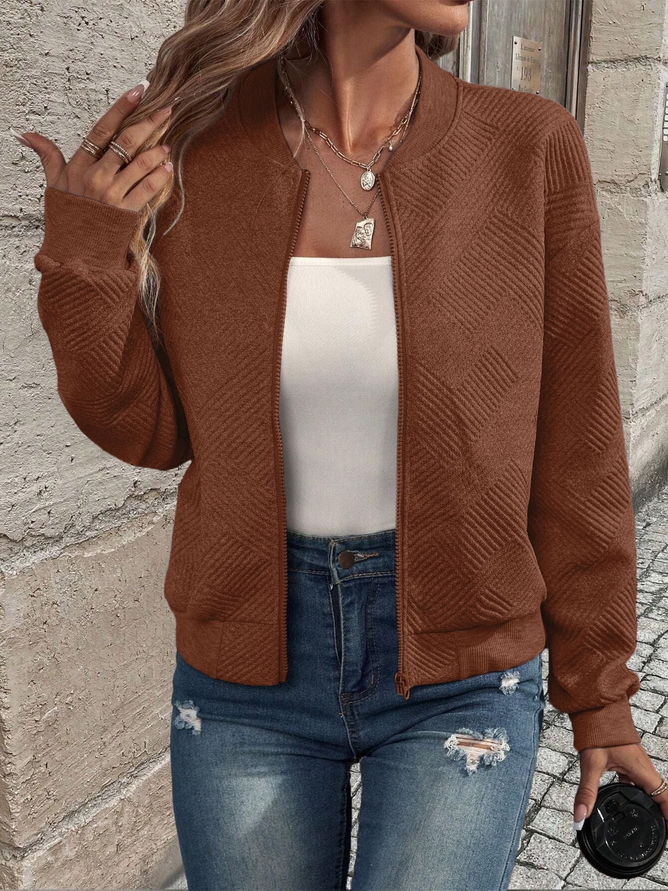 Women's Lightweight Zip-Up Bomber Jacket with Ribbed Cuffs