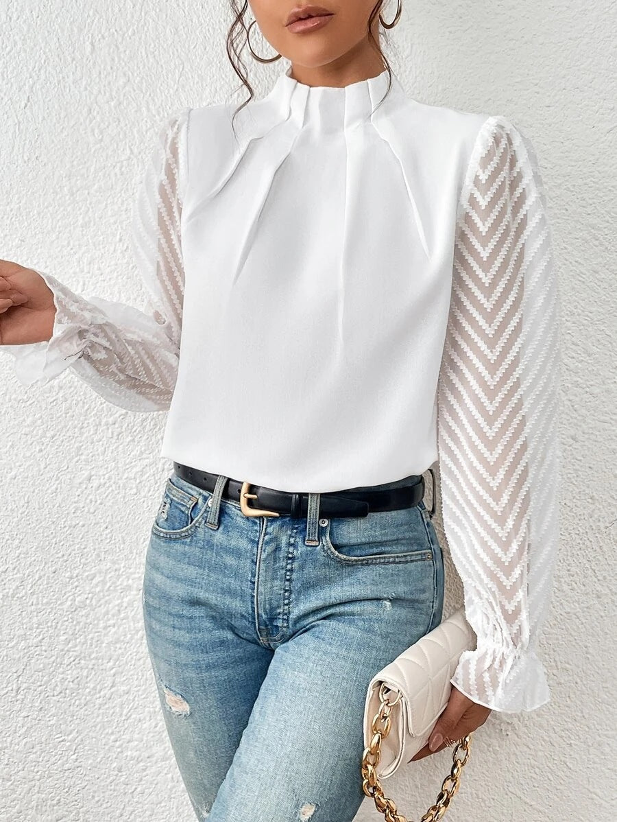 Women's Blouse with Sheer Sleeves and Pleated Neckline