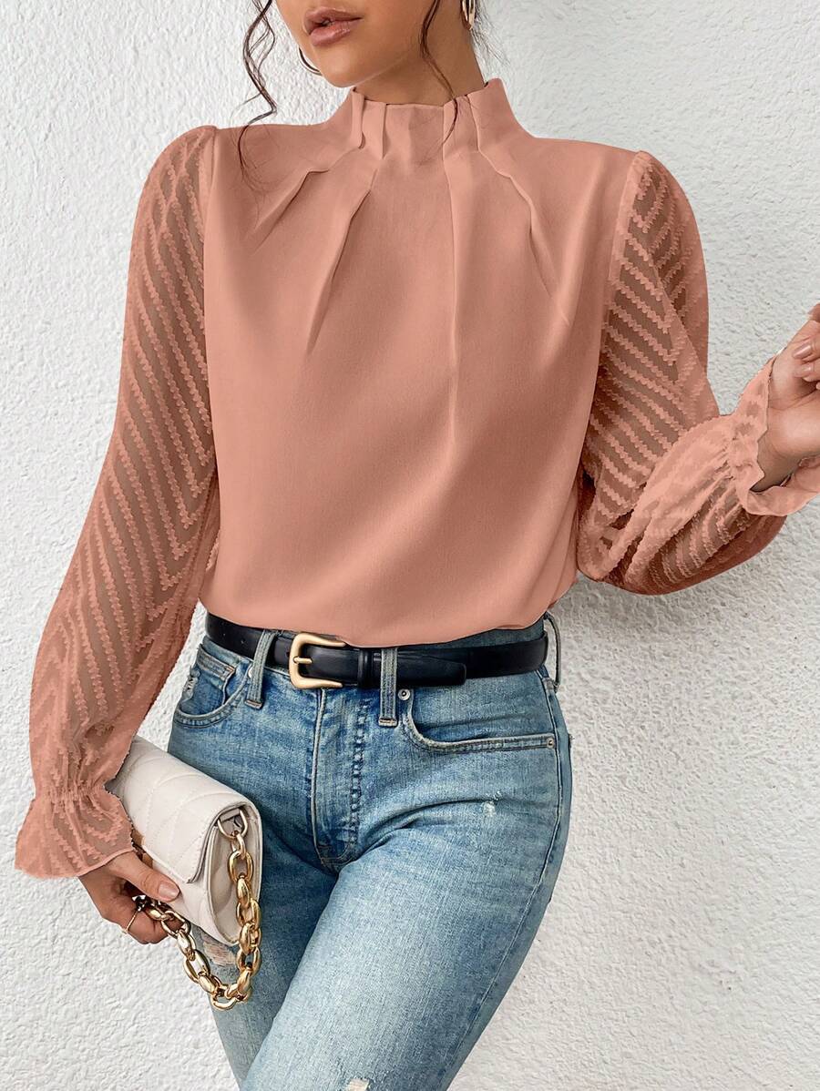 Women's Blouse with Sheer Sleeves and Pleated Neckline