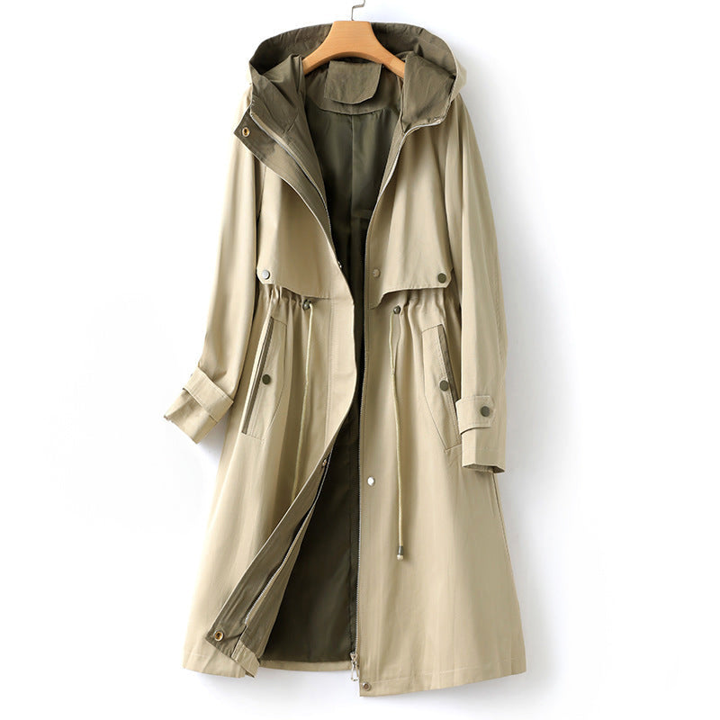 Women's Waterproof Hooded Trench Coat with Adjustable Waist Drawstring