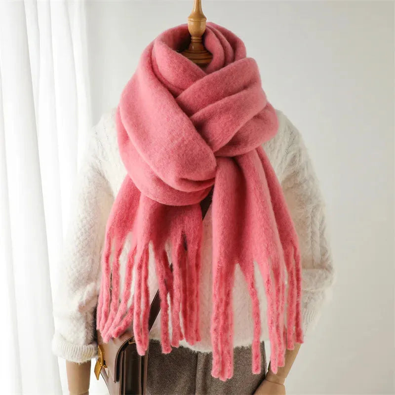 Stylish Women's Long Winter Scarf with Fringed Edges