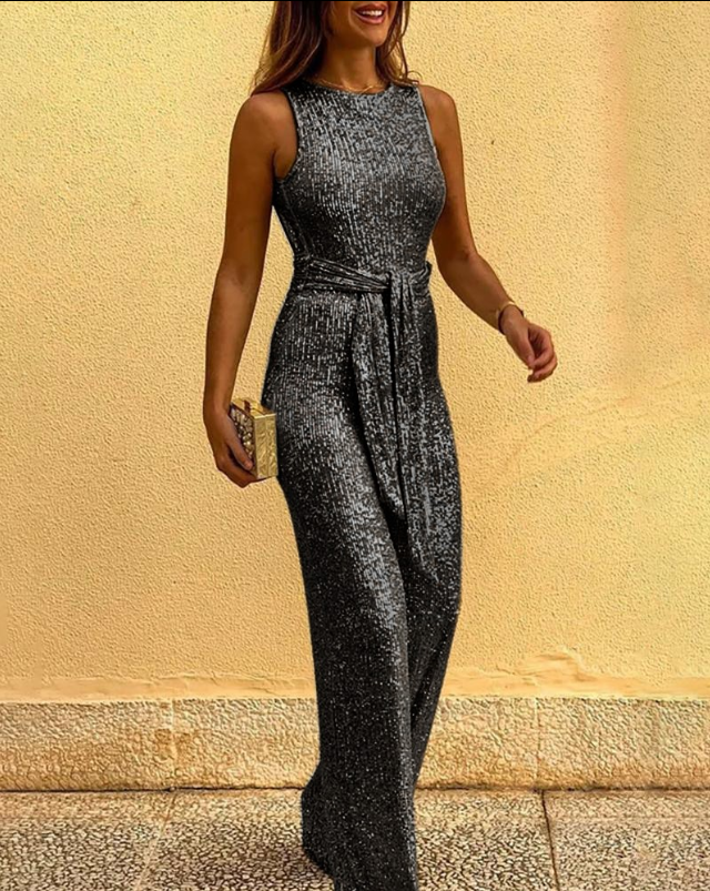 Women's Sleeveless Glitter Jumpsuit with Belt