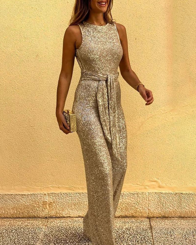 Women's Sleeveless Glitter Jumpsuit with Belt