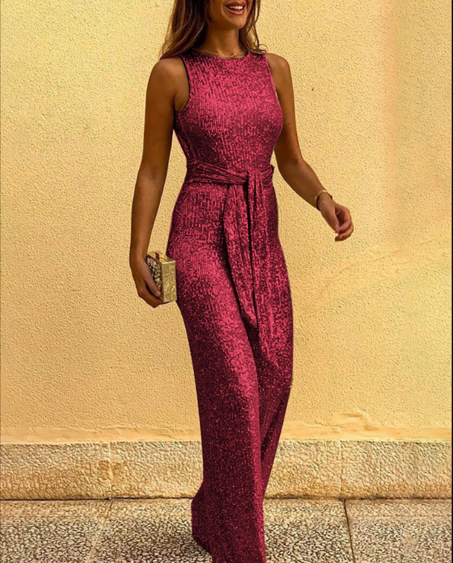 Women's Sleeveless Glitter Jumpsuit with Belt