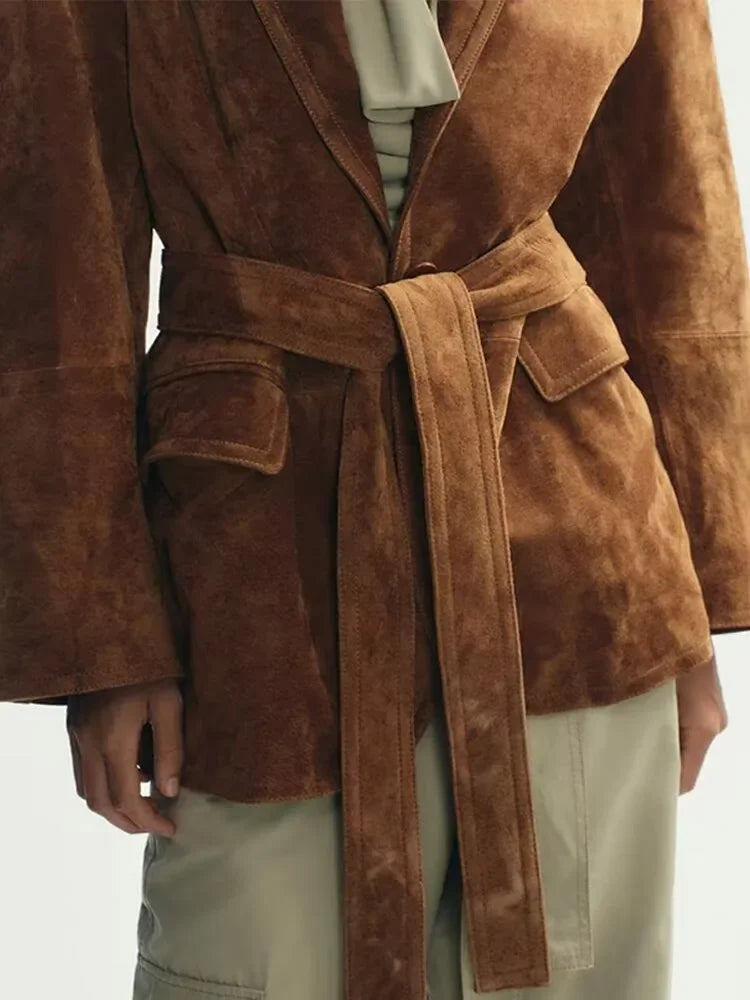 Autumn Women's Long Sleeve Suede Jacket with Belt and Pockets