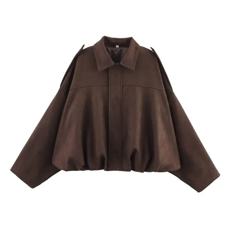 Brown and Green Women's Suede Bomber Jacket – Vintage-Inspired Casual Motorcycle Jacket with Zip Closure