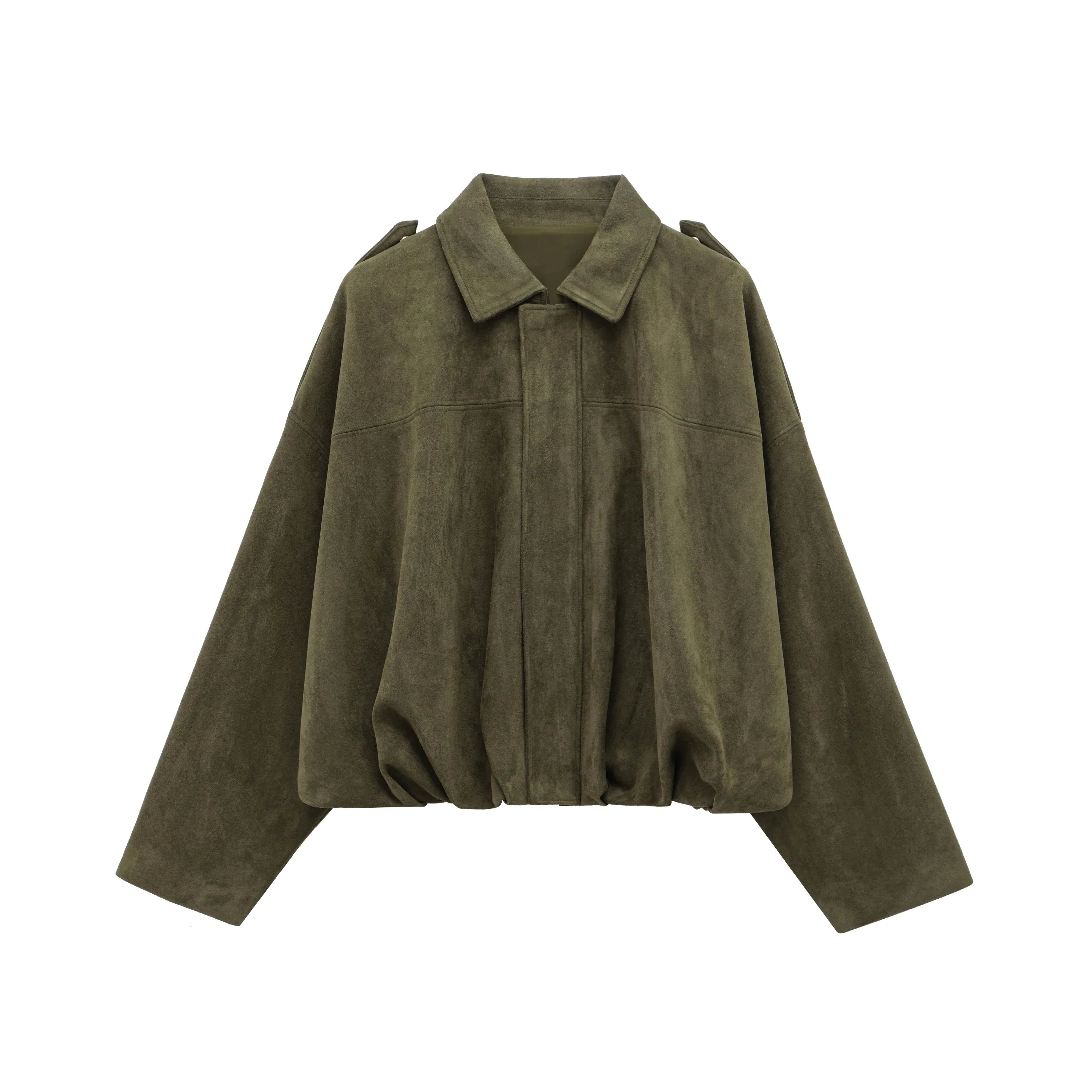 Brown and Green Women's Suede Bomber Jacket – Vintage-Inspired Casual Motorcycle Jacket with Zip Closure