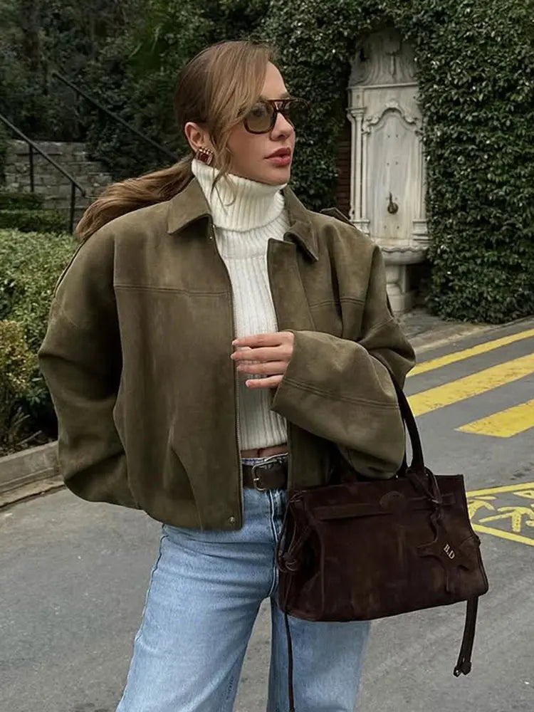 Brown and Green Women's Suede Bomber Jacket – Vintage-Inspired Casual Motorcycle Jacket with Zip Closure