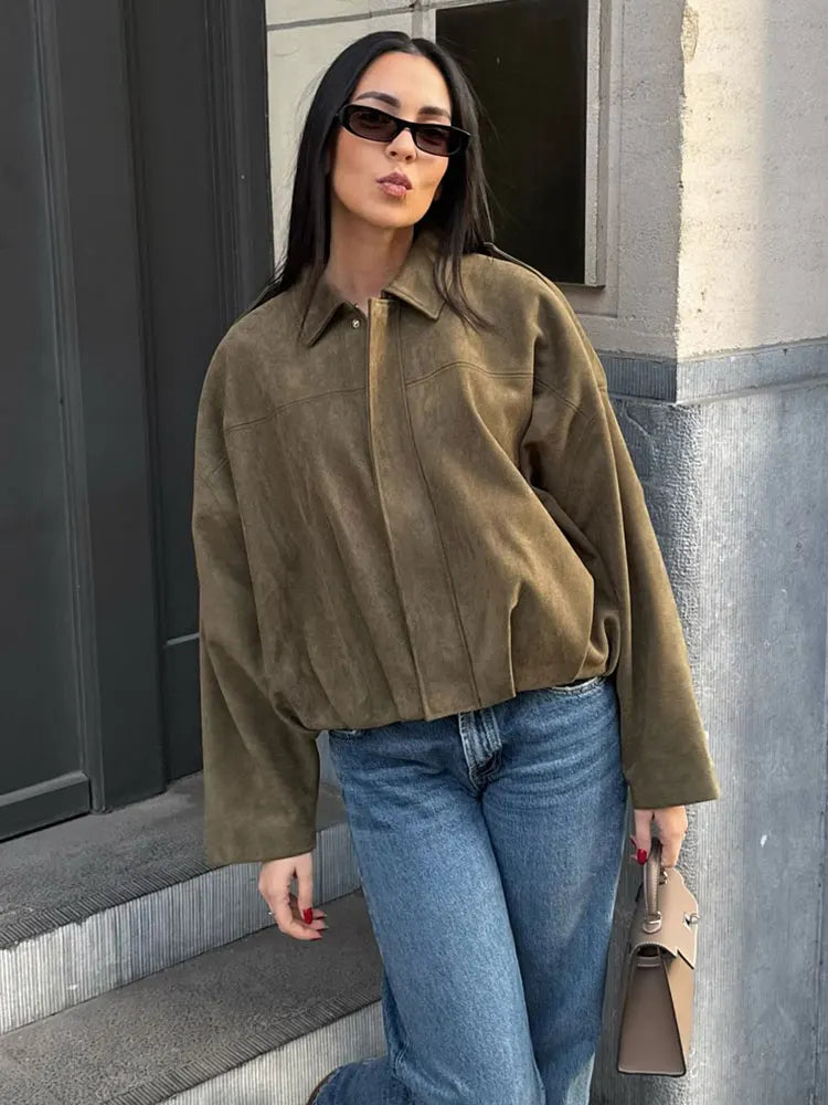 Brown and Green Women's Suede Bomber Jacket – Vintage-Inspired Casual Motorcycle Jacket with Zip Closure