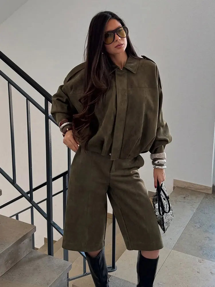 Brown and Green Women's Suede Bomber Jacket – Vintage-Inspired Casual Motorcycle Jacket with Zip Closure