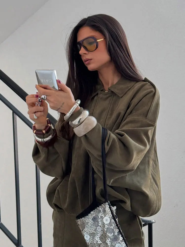 Brown and Green Women's Suede Bomber Jacket – Vintage-Inspired Casual Motorcycle Jacket with Zip Closure