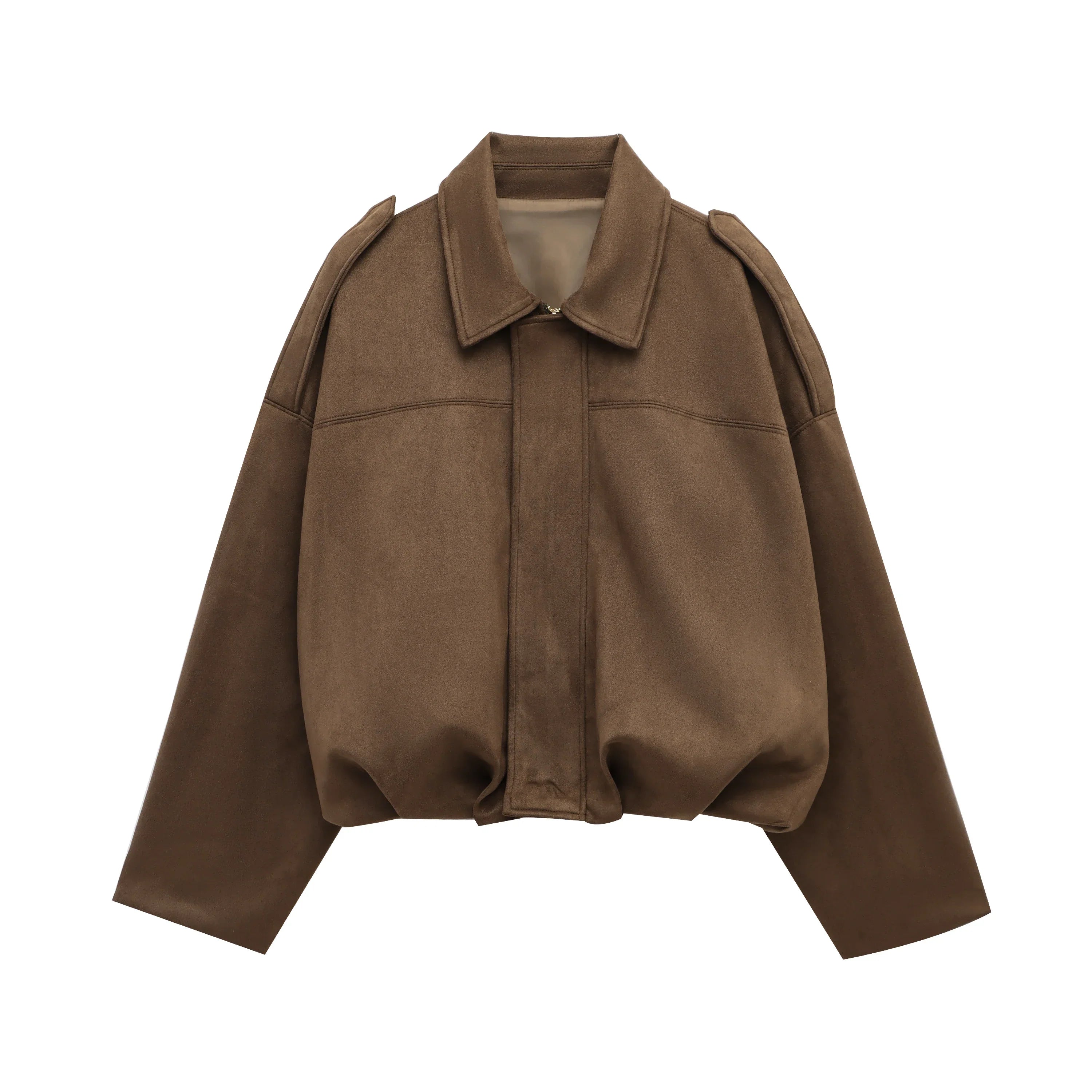 Brown and Green Women's Suede Bomber Jacket – Vintage-Inspired Casual Motorcycle Jacket with Zip Closure