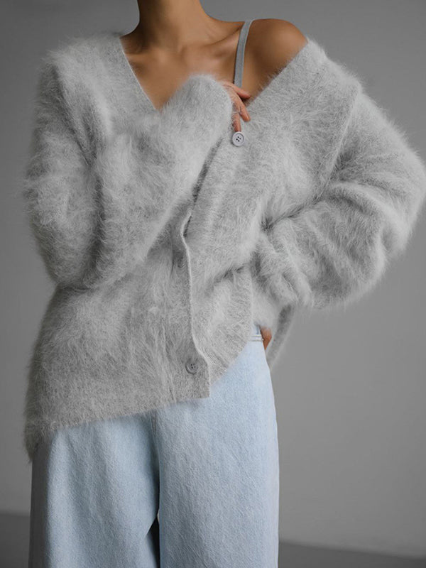 Women's V-Neck Oversized Fluffy Cardigan