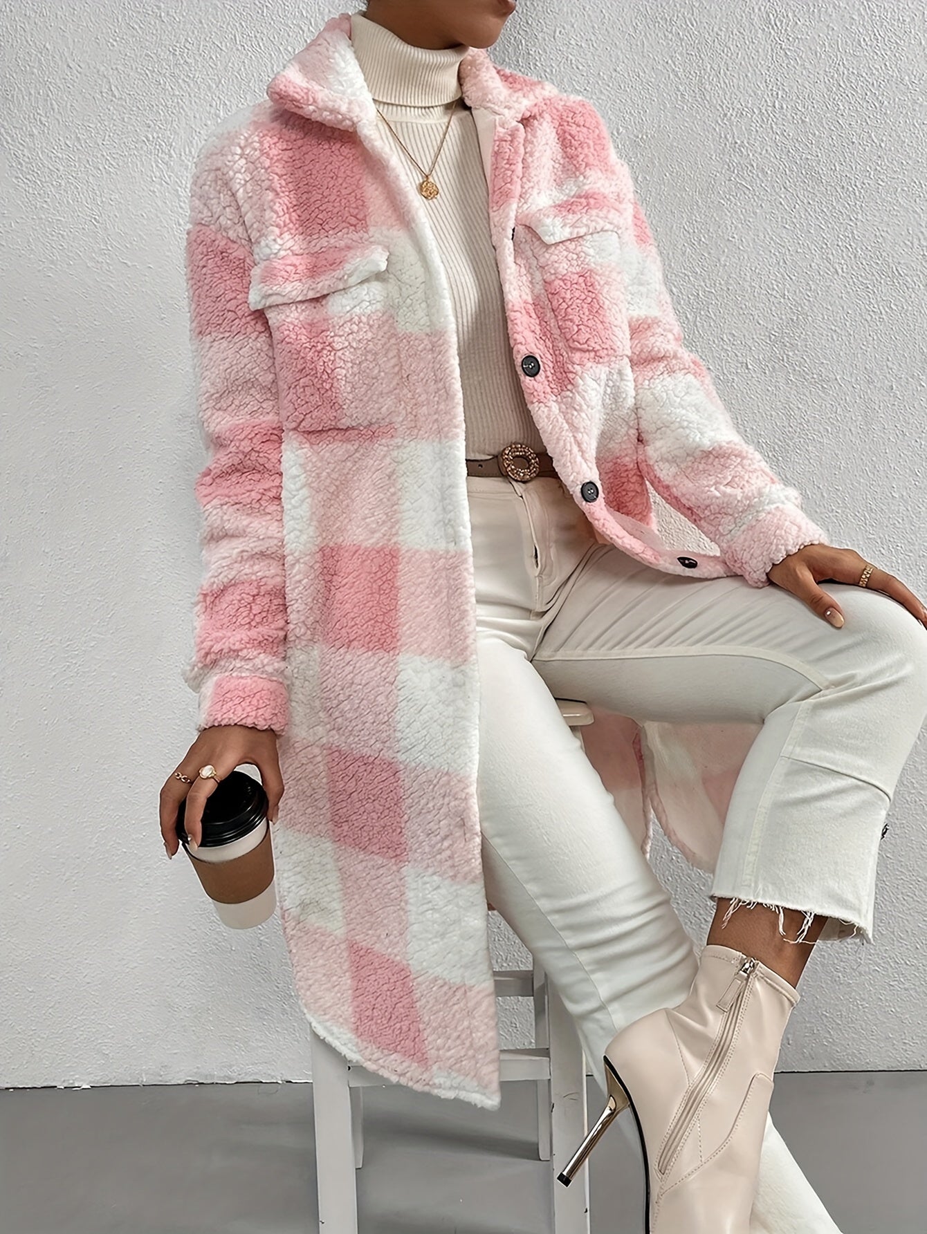 Winter-Ready Checked Midi Teddy Coat for Women with Buttons and Pockets