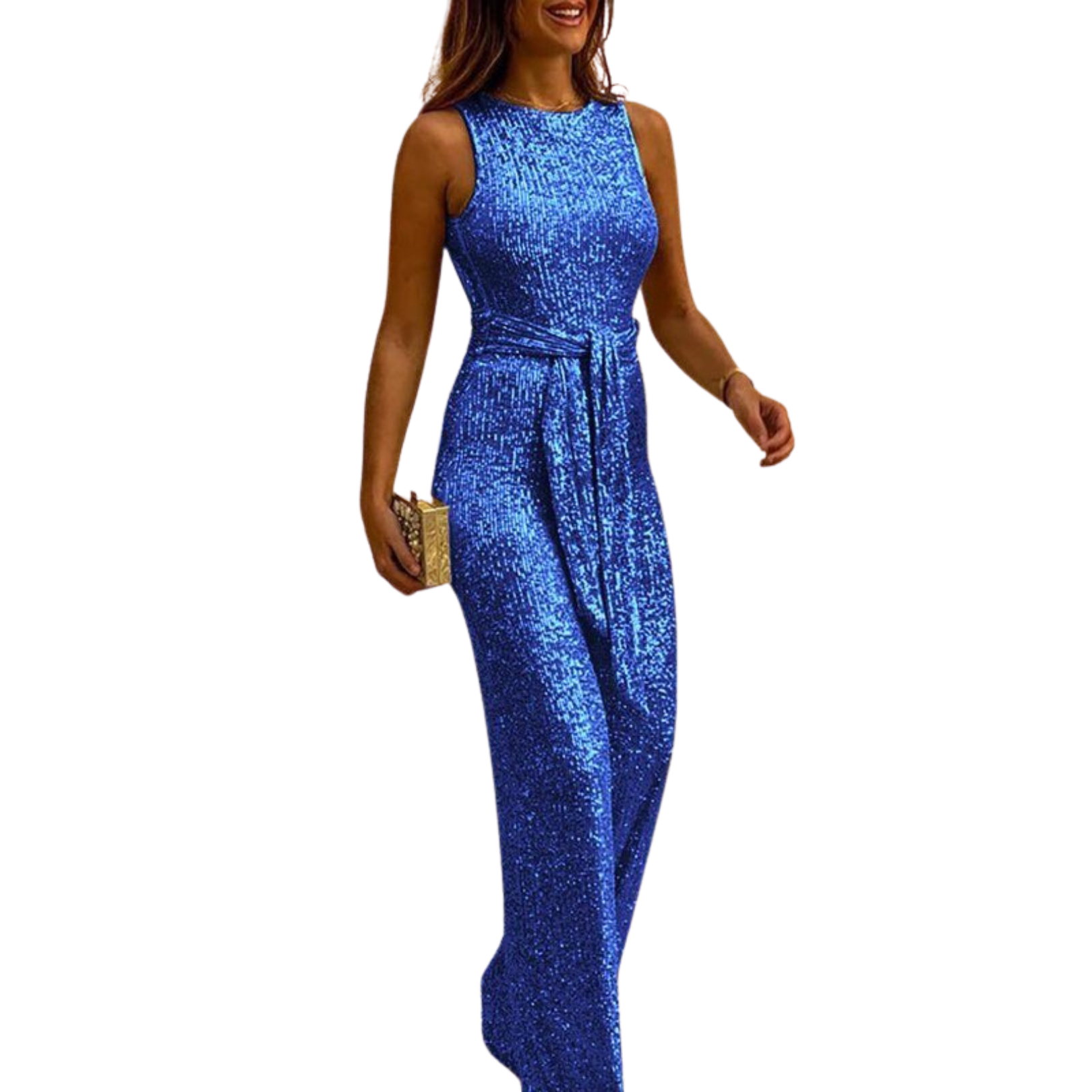 Women's Sleeveless Glitter Jumpsuit with Belt