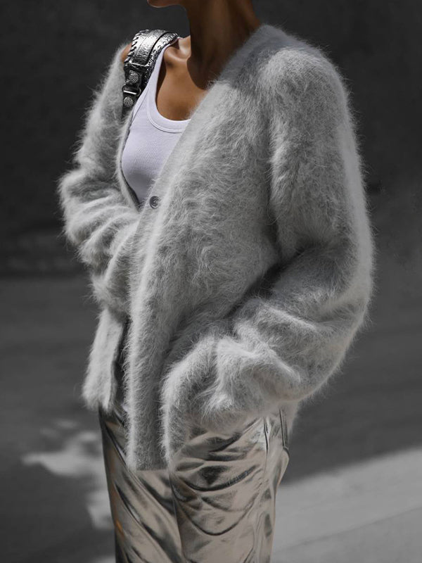 Women's V-Neck Oversized Fluffy Cardigan