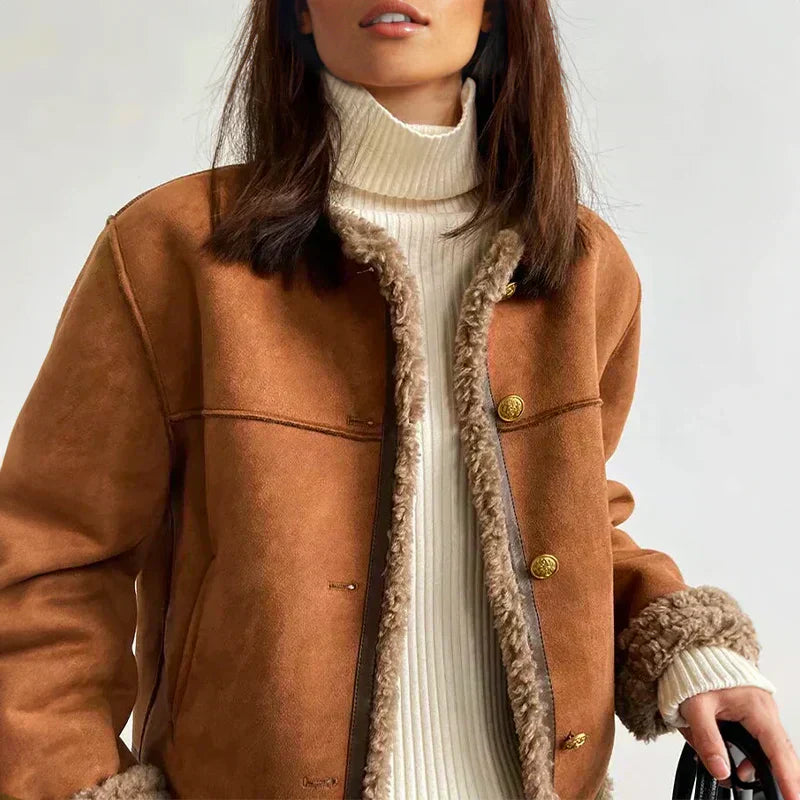 Women's Fleece-Lined Teddy Winter Coat with Button Closure