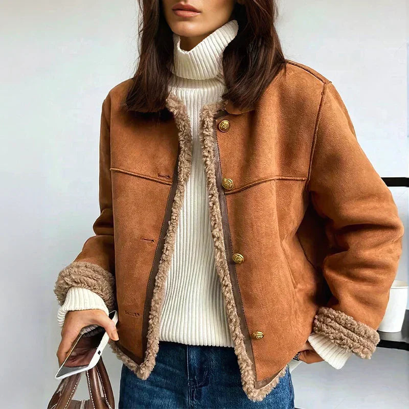 Women's Fleece-Lined Teddy Winter Coat with Button Closure