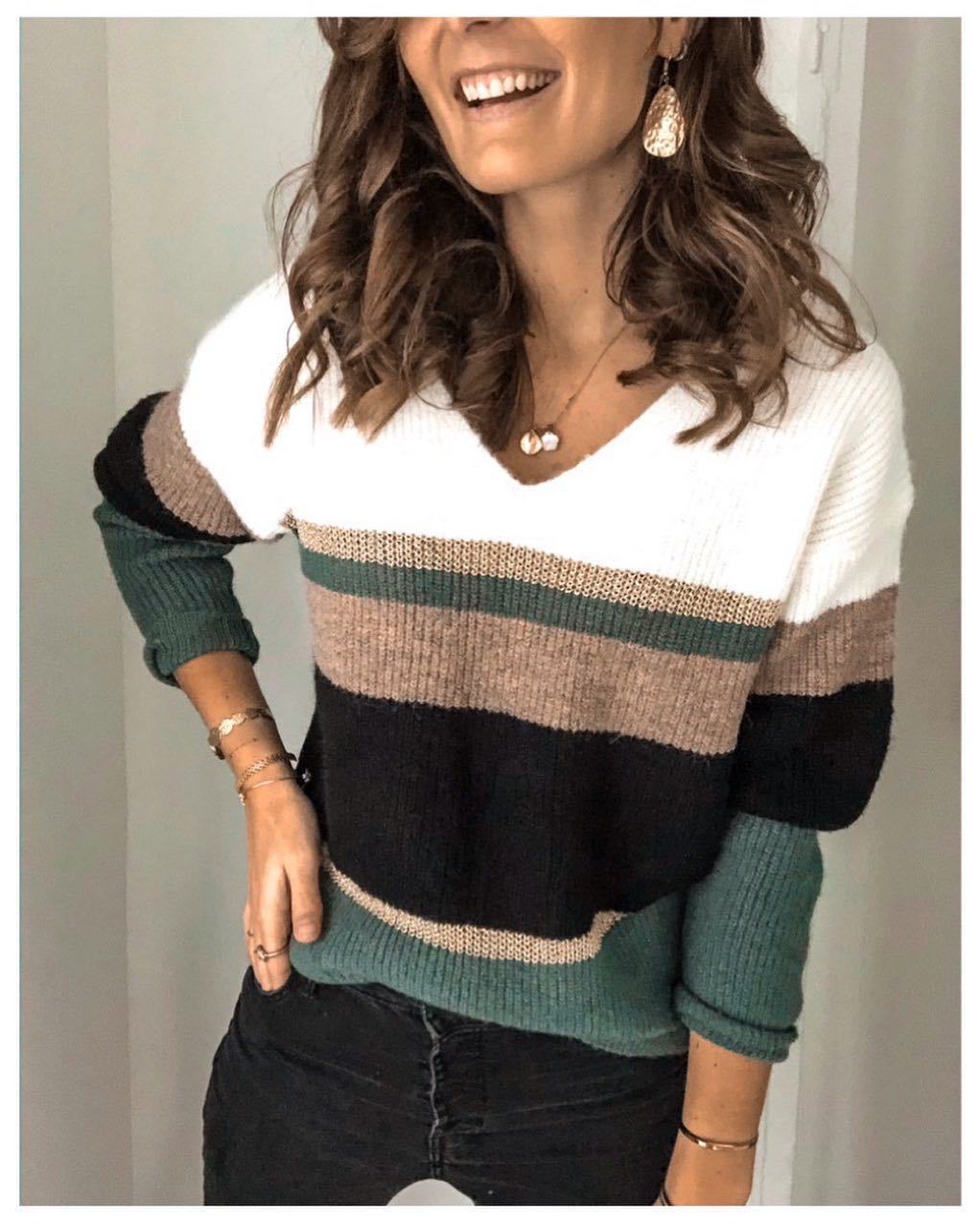 Deq | Women's Striped Sweater featuring Split V-Neck Design