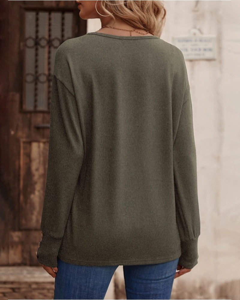 Solid V-Neck Top with Button Details and Long Sleeves
