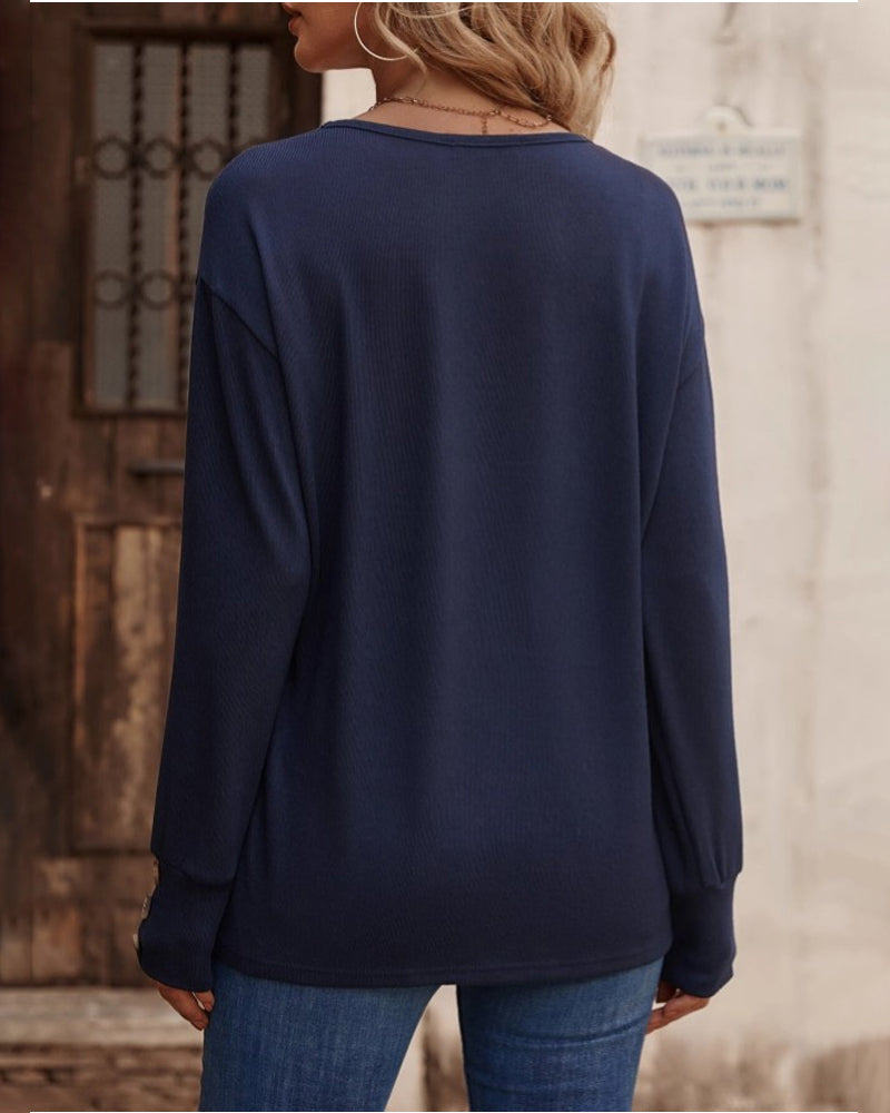 Solid V-Neck Top with Button Details and Long Sleeves